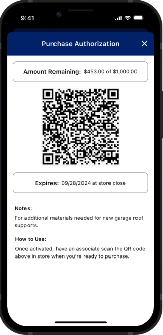 Lowe's digital purchase authorization QR code